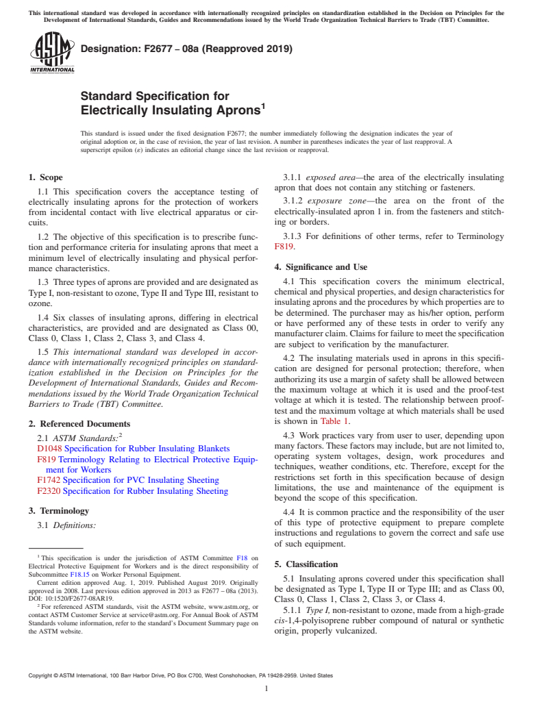 ASTM F2677-08a(2019) - Standard Specification for  Electrically Insulating Aprons