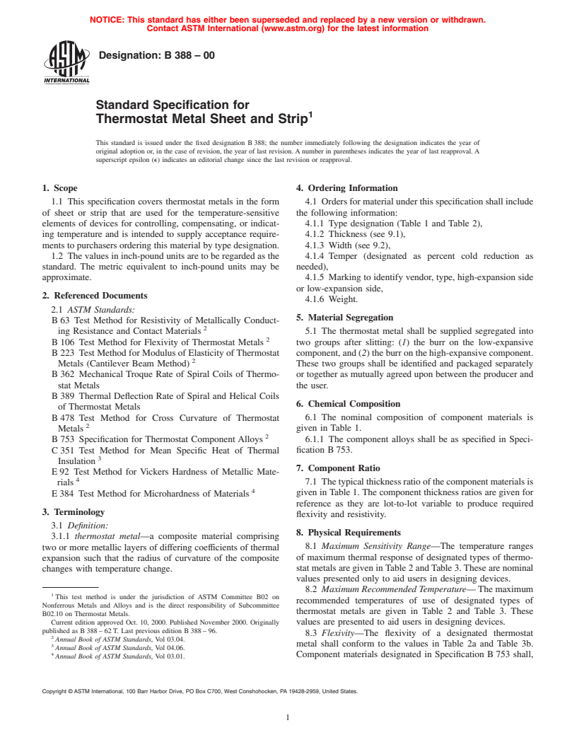 ASTM B388-00 - Standard Specification for Thermostat Metal Sheet and Strip