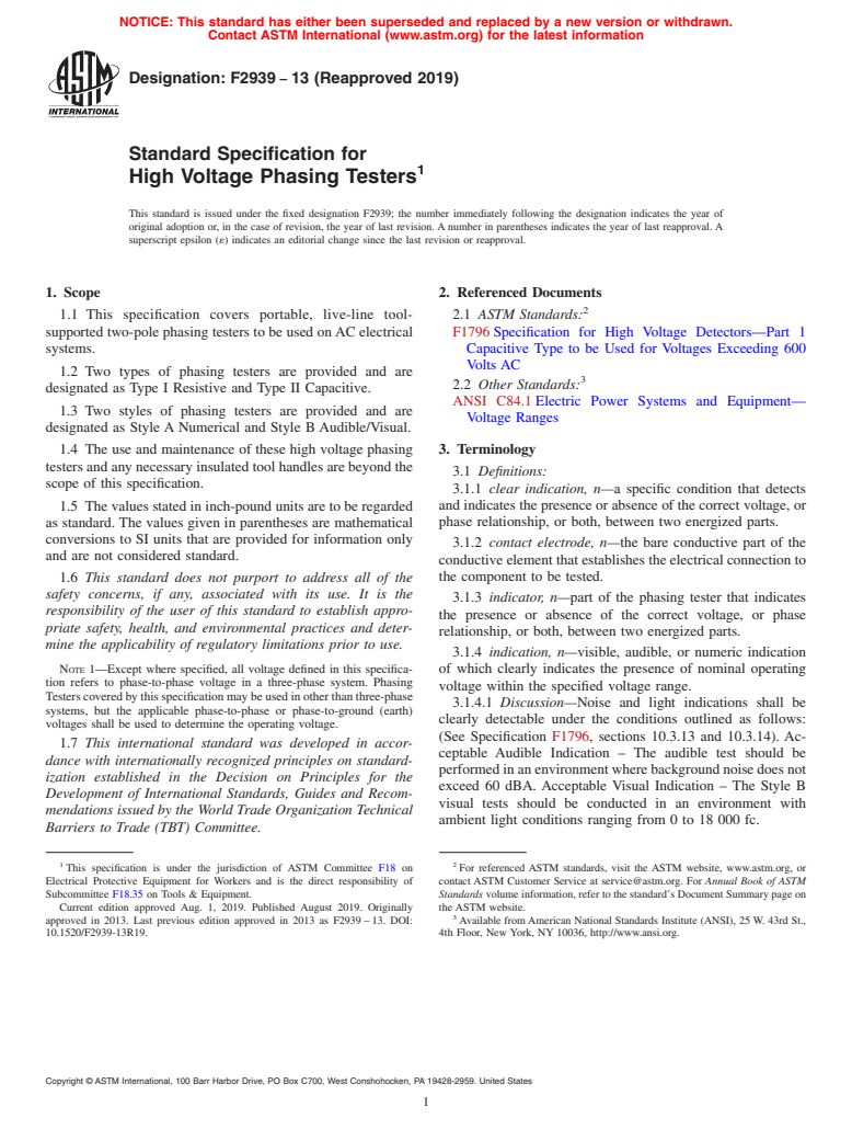 ASTM F2939-13(2019) - Standard Specification for High Voltage Phasing Testers