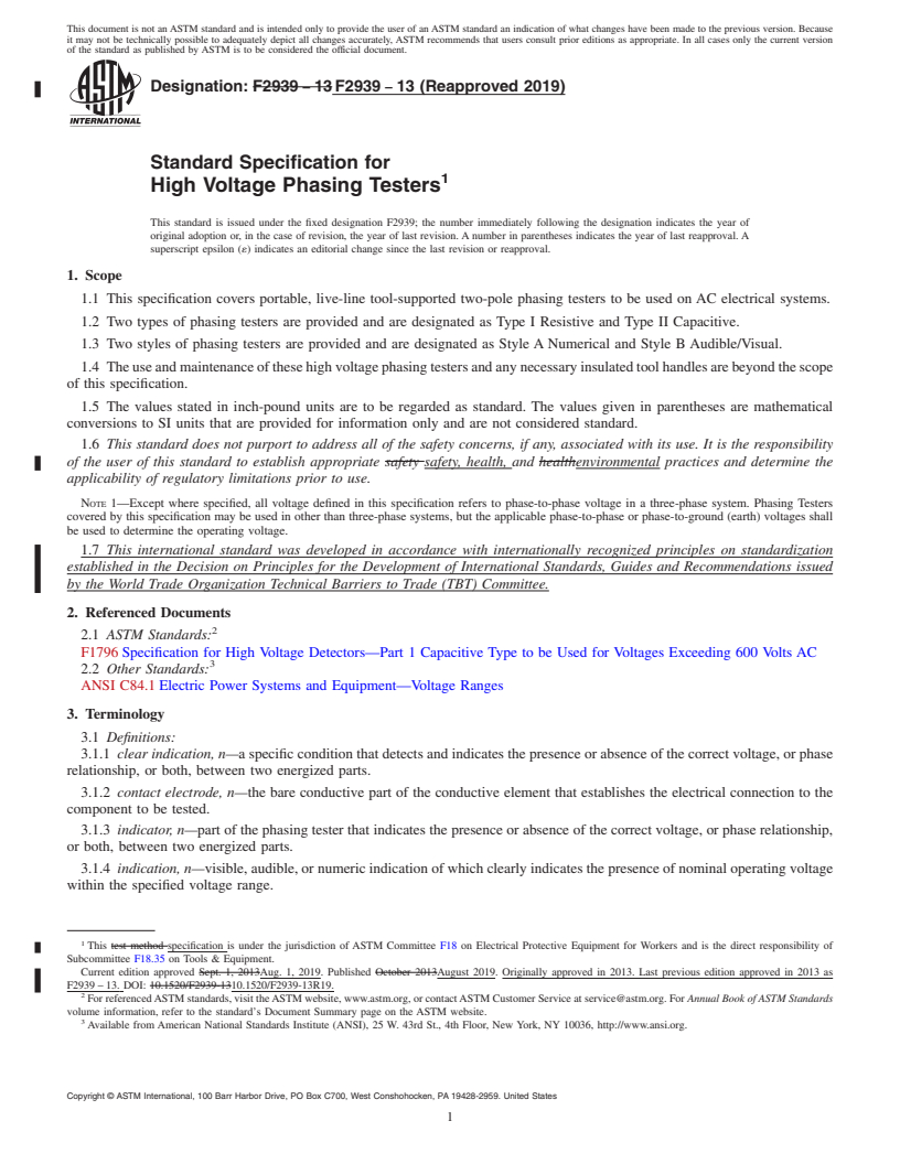 REDLINE ASTM F2939-13(2019) - Standard Specification for High Voltage Phasing Testers