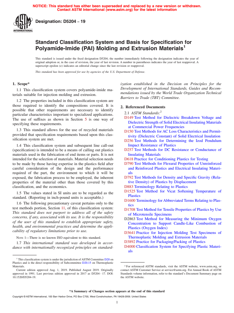 ASTM D5204-19 - Standard Classification System and Basis for Specification for Polyamide-Imide (PAI) Molding and Extrusion Materials