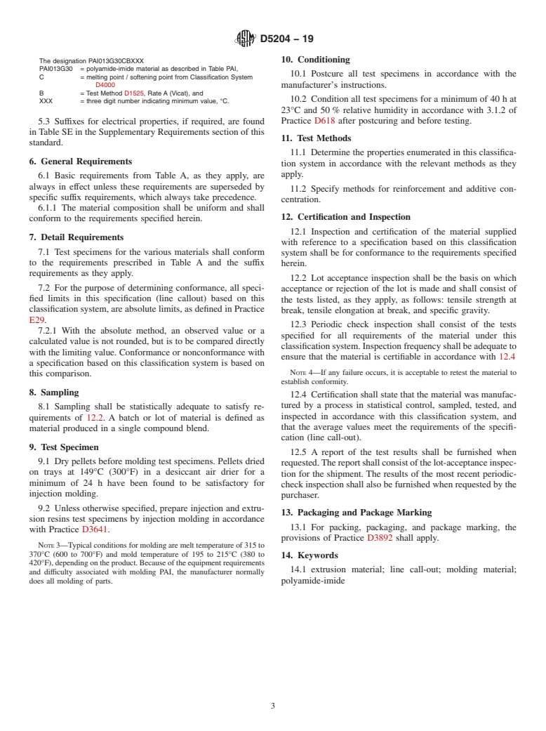 ASTM D5204-19 - Standard Classification System and Basis for Specification for Polyamide-Imide (PAI) Molding and Extrusion Materials