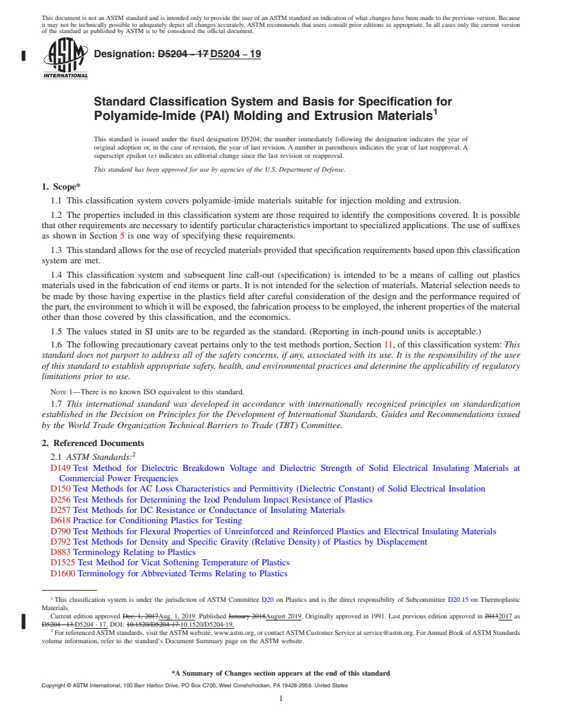 REDLINE ASTM D5204-19 - Standard Classification System and Basis for Specification for Polyamide-Imide (PAI) Molding and Extrusion Materials