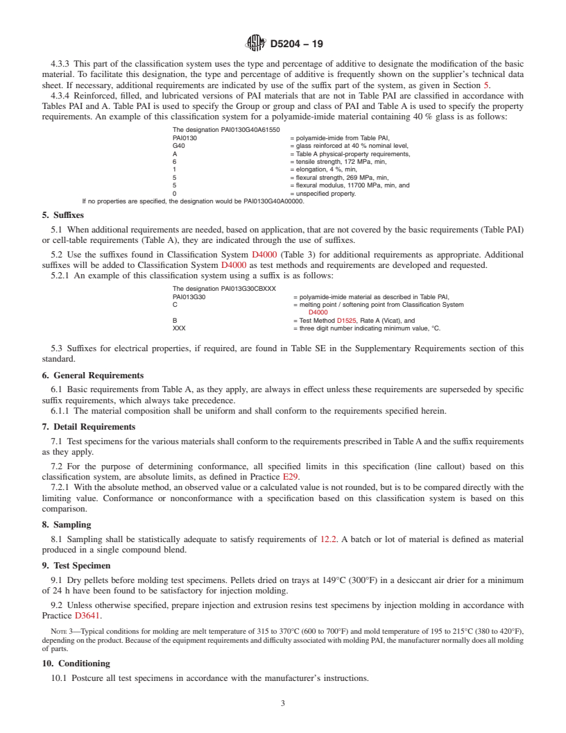 REDLINE ASTM D5204-19 - Standard Classification System and Basis for Specification for Polyamide-Imide (PAI) Molding and Extrusion Materials