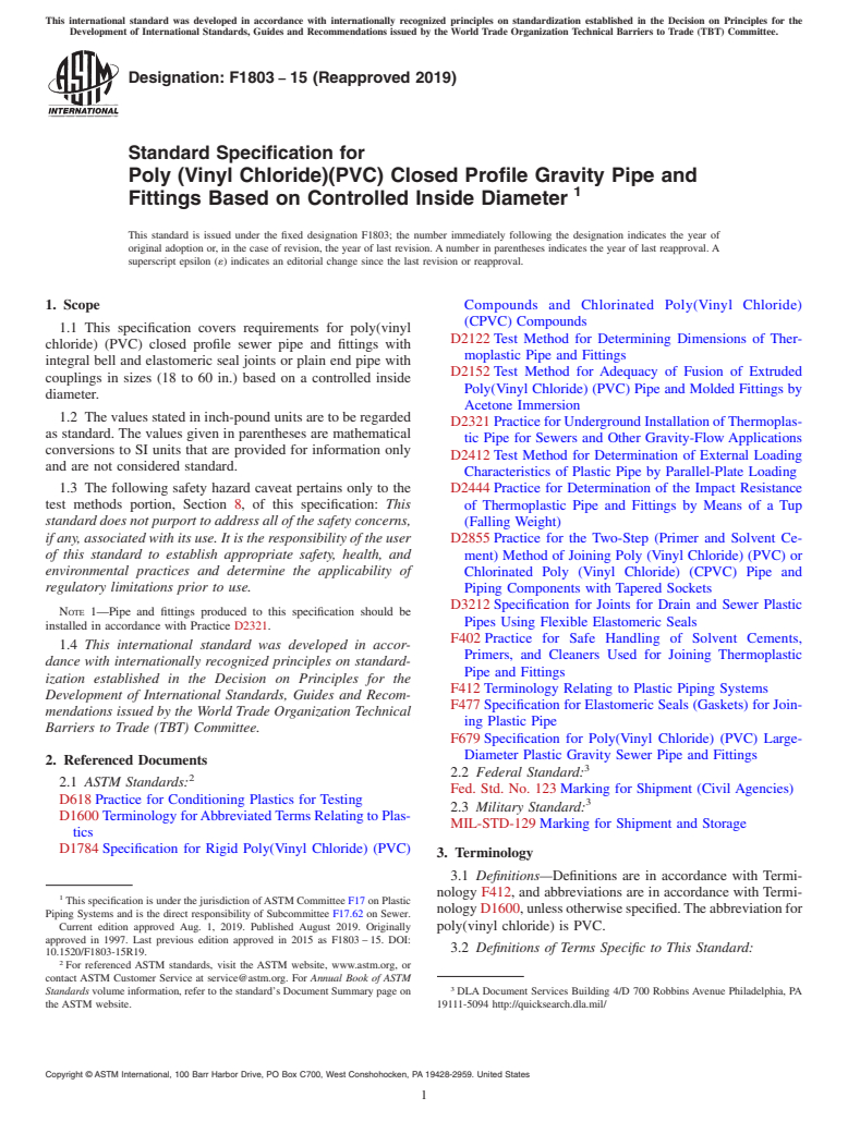 ASTM F1803-15(2019) - Standard Specification for  Poly (Vinyl Chloride)(PVC) Closed Profile Gravity Pipe and   Fittings Based on Controlled Inside Diameter&#x2009;