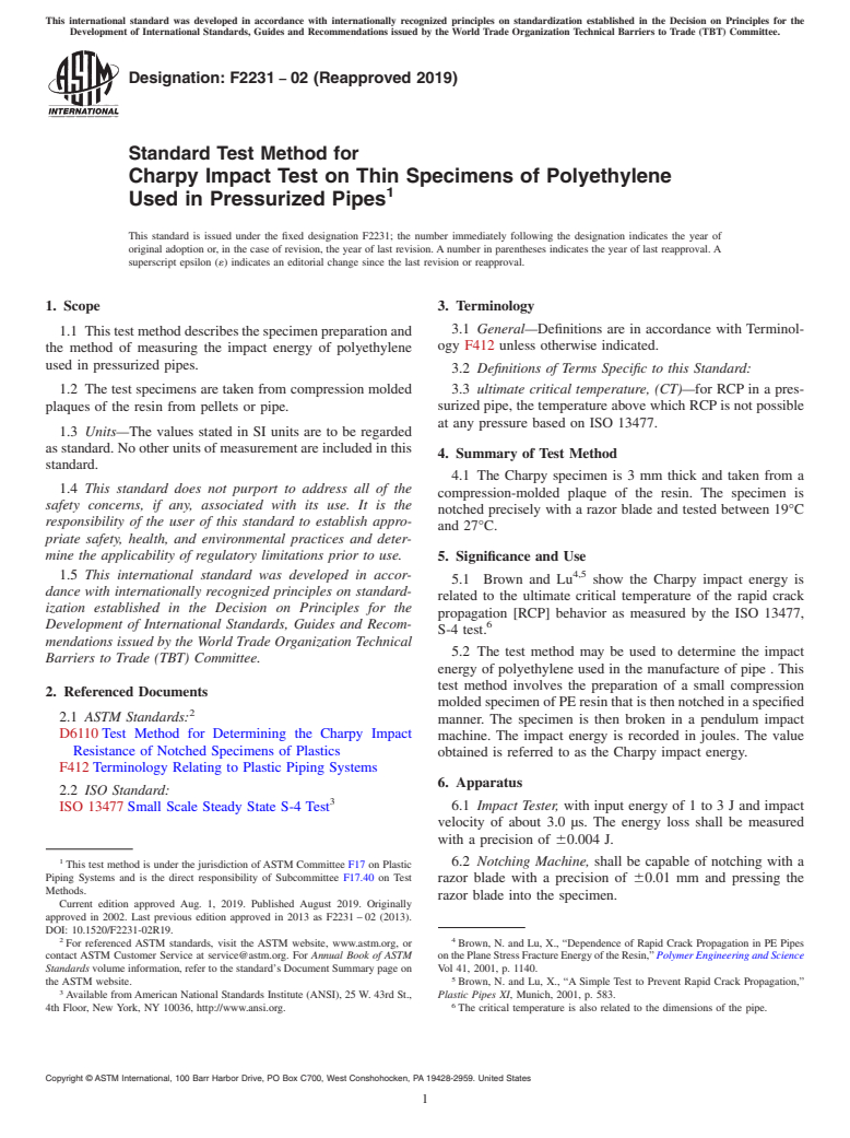 ASTM F2231-02(2019) - Standard Test Method for Charpy Impact Test on Thin Specimens of Polyethylene Used in  Pressurized Pipes