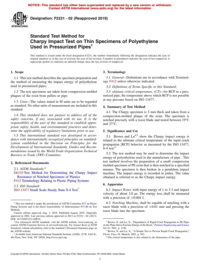 ASTM F2231-02(2019) - Standard Test Method for Charpy Impact Test on Thin Specimens of Polyethylene Used in  Pressurized Pipes