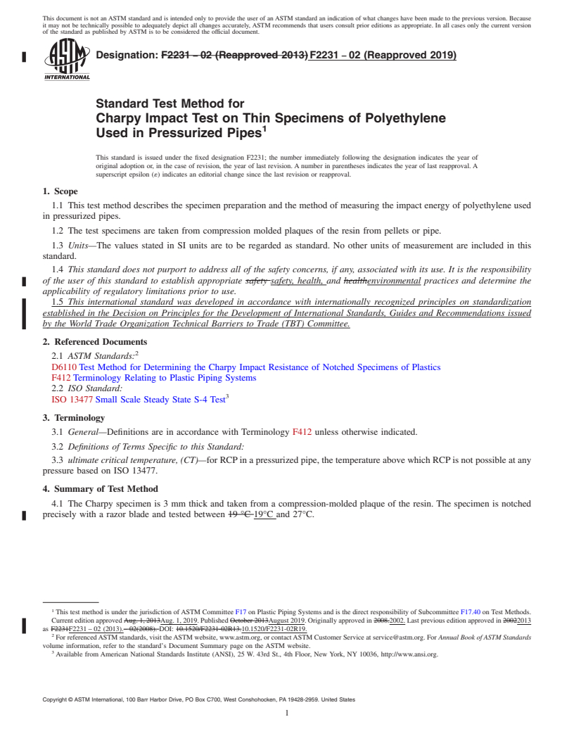 REDLINE ASTM F2231-02(2019) - Standard Test Method for Charpy Impact Test on Thin Specimens of Polyethylene Used in  Pressurized Pipes