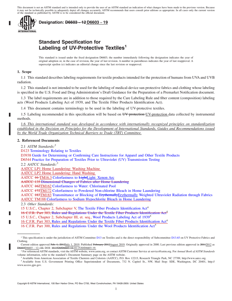 REDLINE ASTM D6603-19 - Standard Specification for  Labeling of UV-Protective Textiles