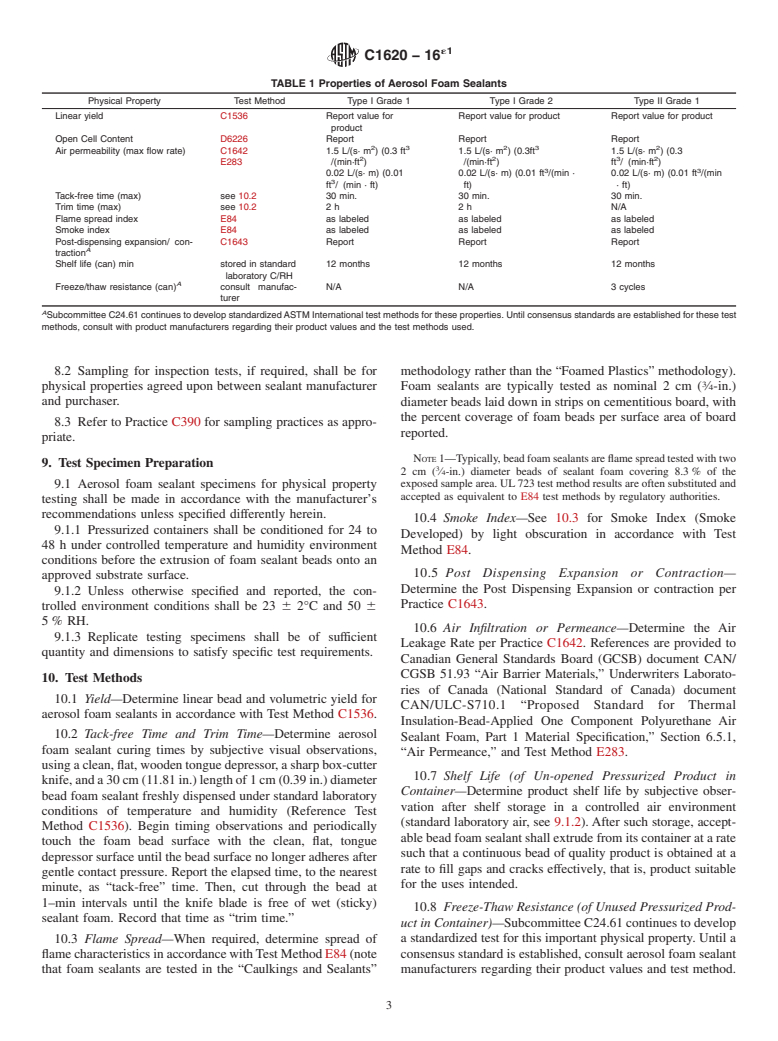 ASTM C1620-16e1 - Standard Specification for  Aerosol Polyurethane and Aerosol Latex Foam Sealants