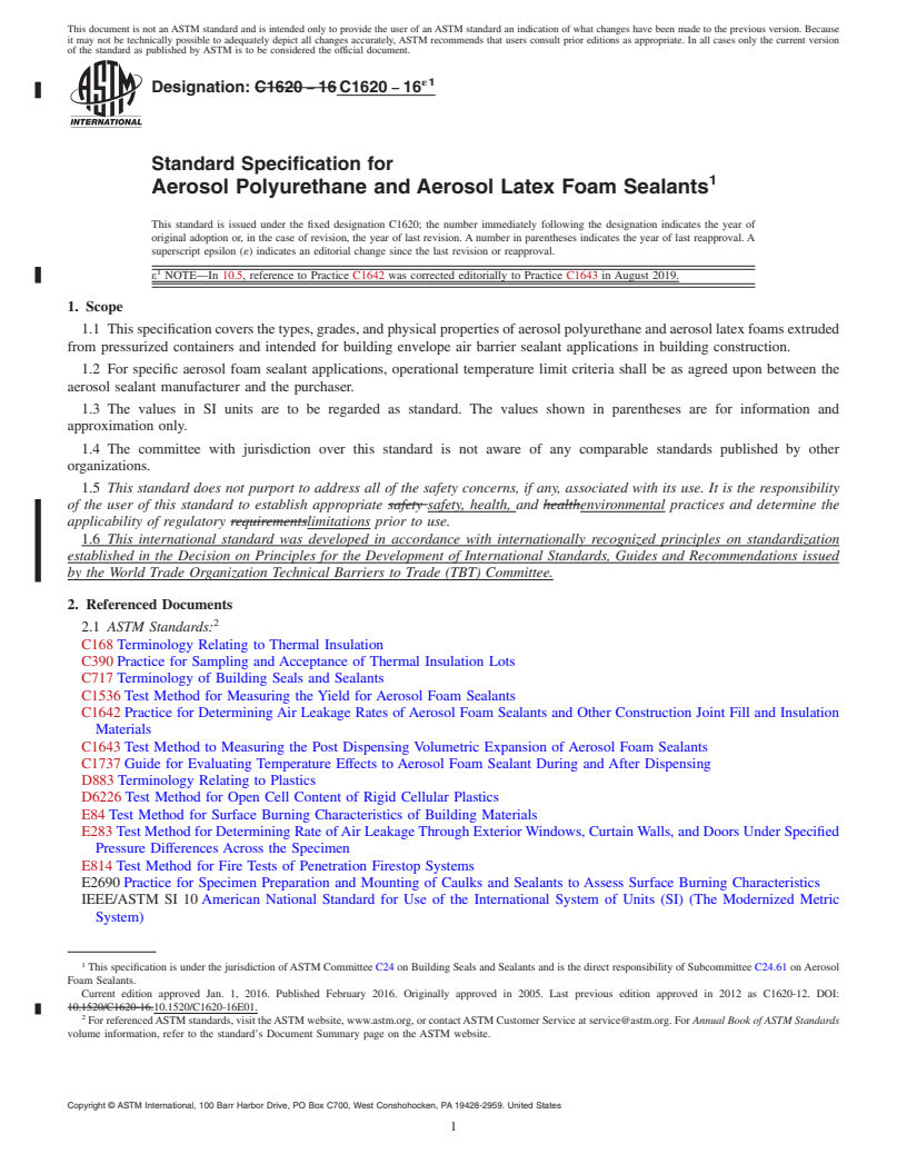 REDLINE ASTM C1620-16e1 - Standard Specification for  Aerosol Polyurethane and Aerosol Latex Foam Sealants