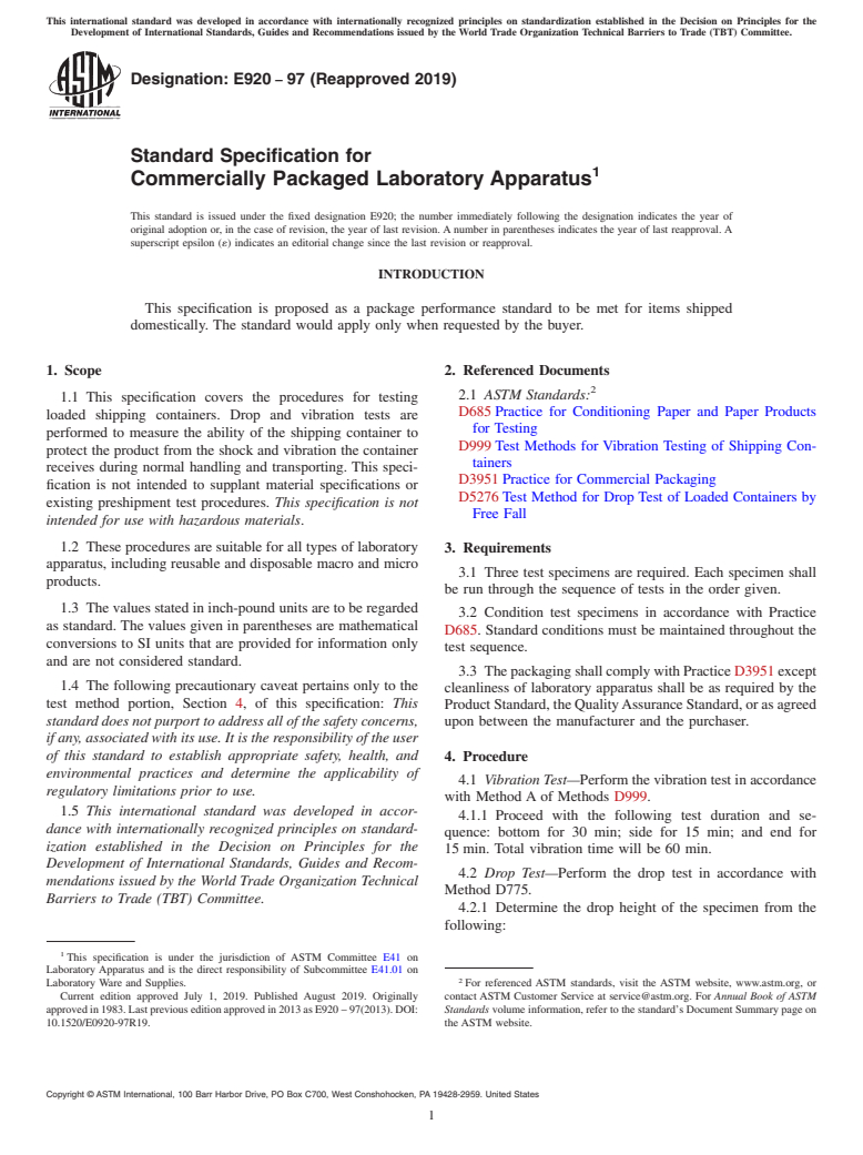 ASTM E920-97(2019) - Standard Specification for  Commercially Packaged Laboratory Apparatus