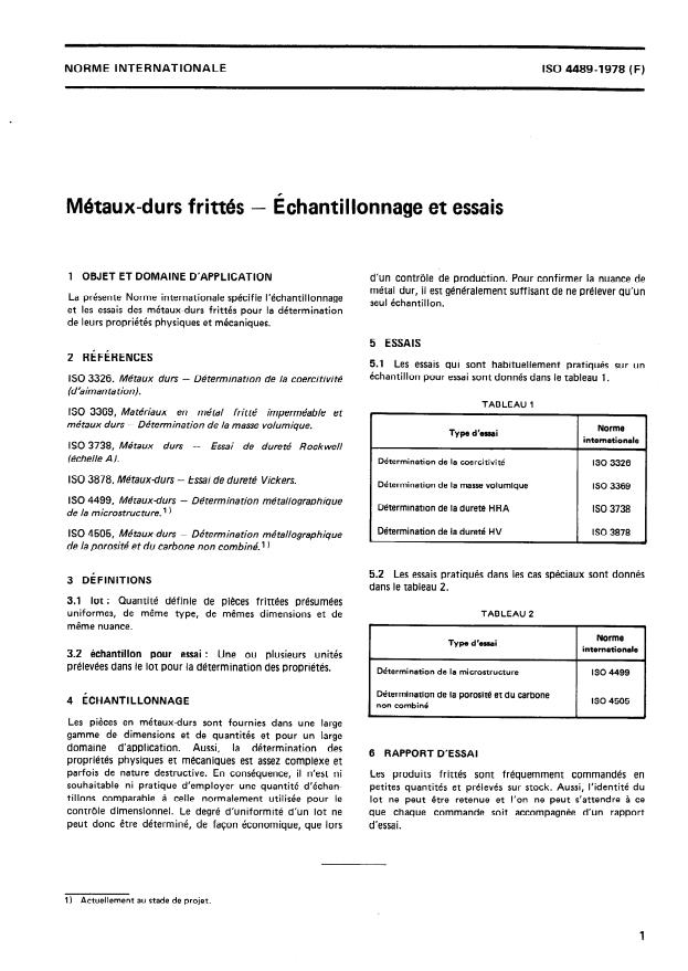 ISO 4489:1978 - Métaux-durs frittés -- Échantillonnage et essais