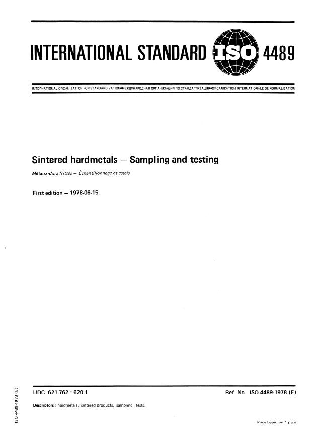 ISO 4489:1978 - Sintered hardmetals -- Sampling and testing