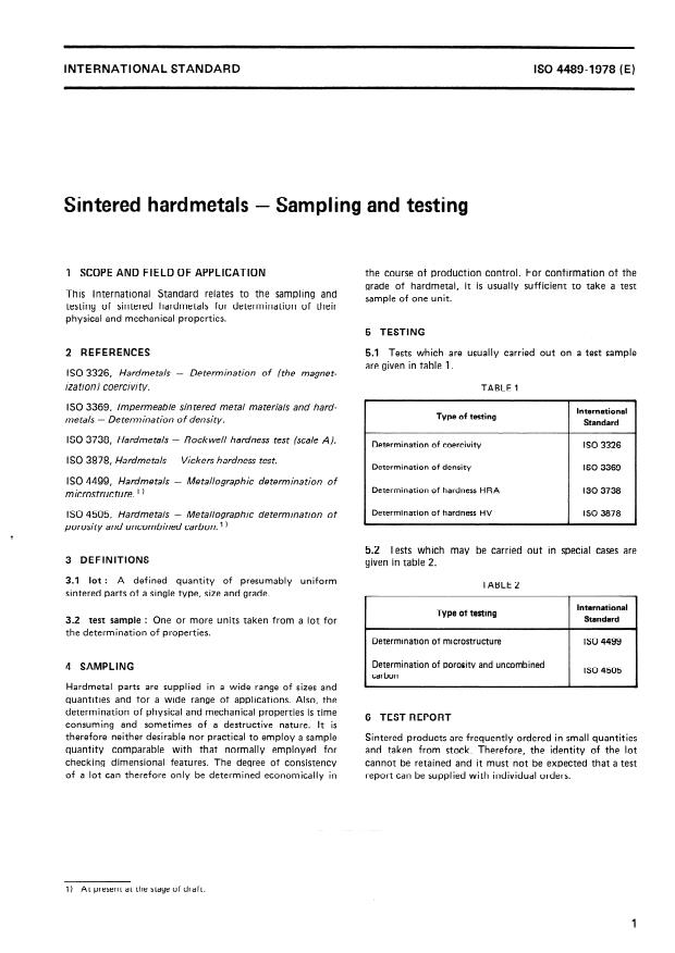ISO 4489:1978 - Sintered hardmetals -- Sampling and testing