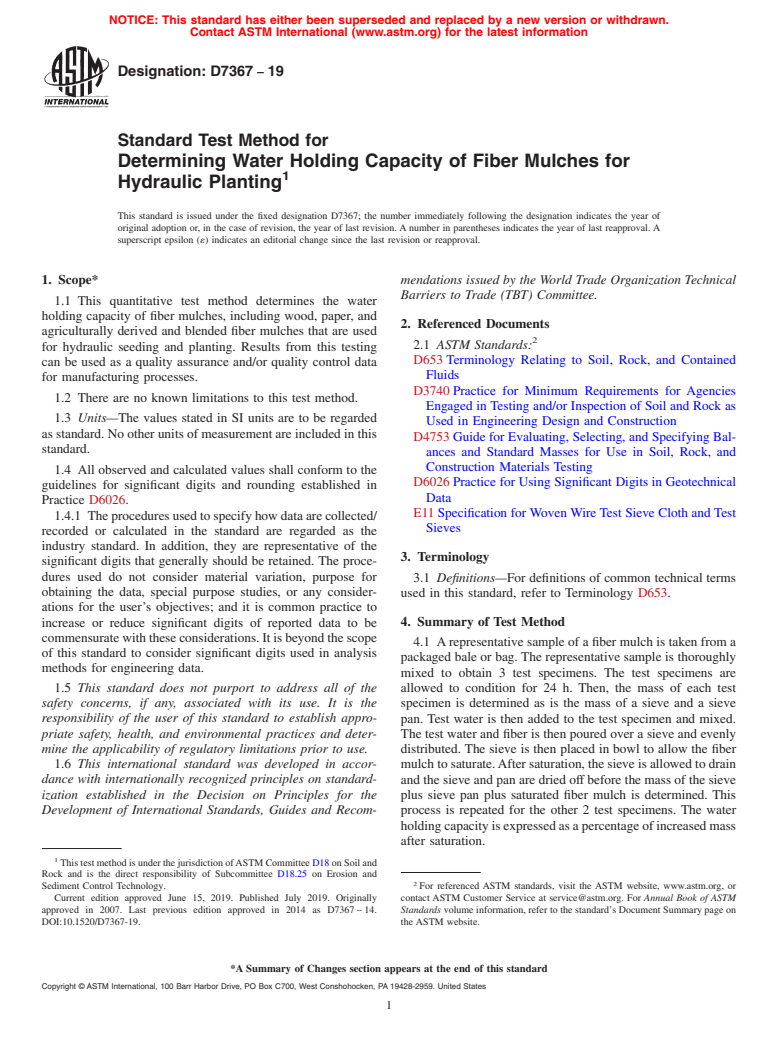 ASTM D7367-19 - Standard Test Method for  Determining Water Holding Capacity of Fiber Mulches for Hydraulic  Planting