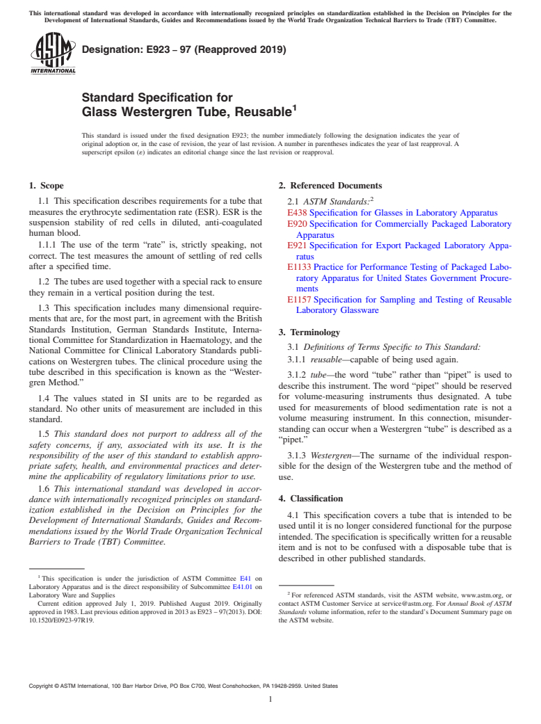 ASTM E923-97(2019) - Standard Specification for  Glass Westergren Tube, Reusable