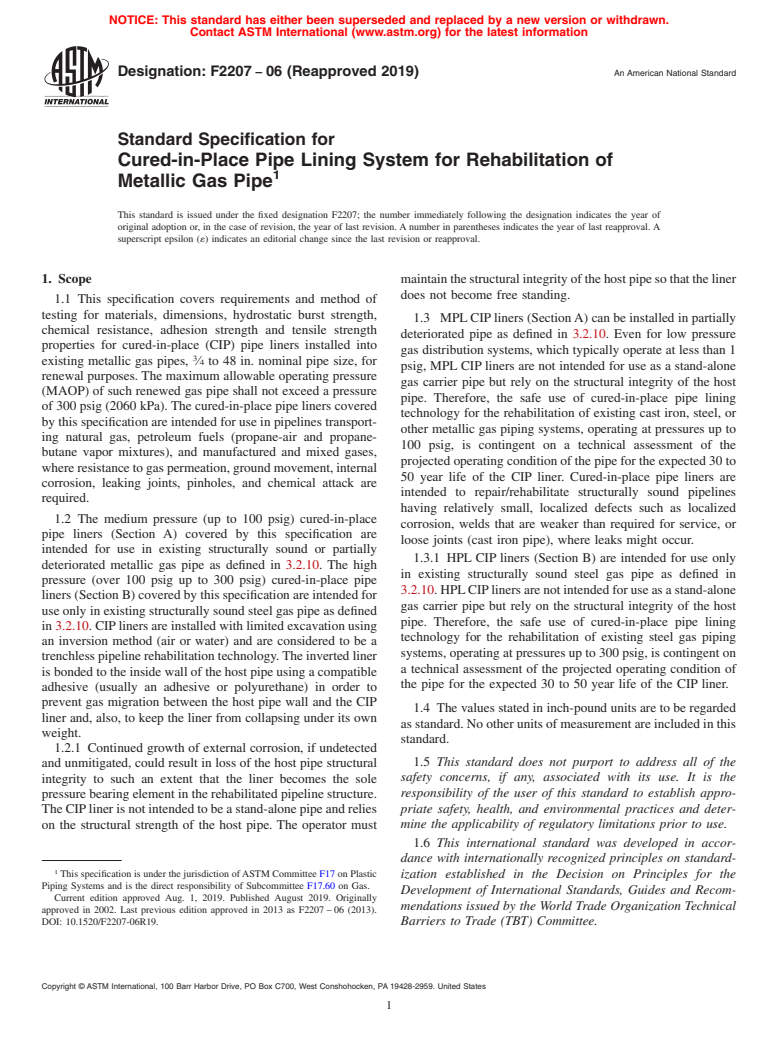 ASTM F2207-06(2019) - Standard Specification for Cured-in-Place Pipe Lining System for Rehabilitation of Metallic   Gas Pipe