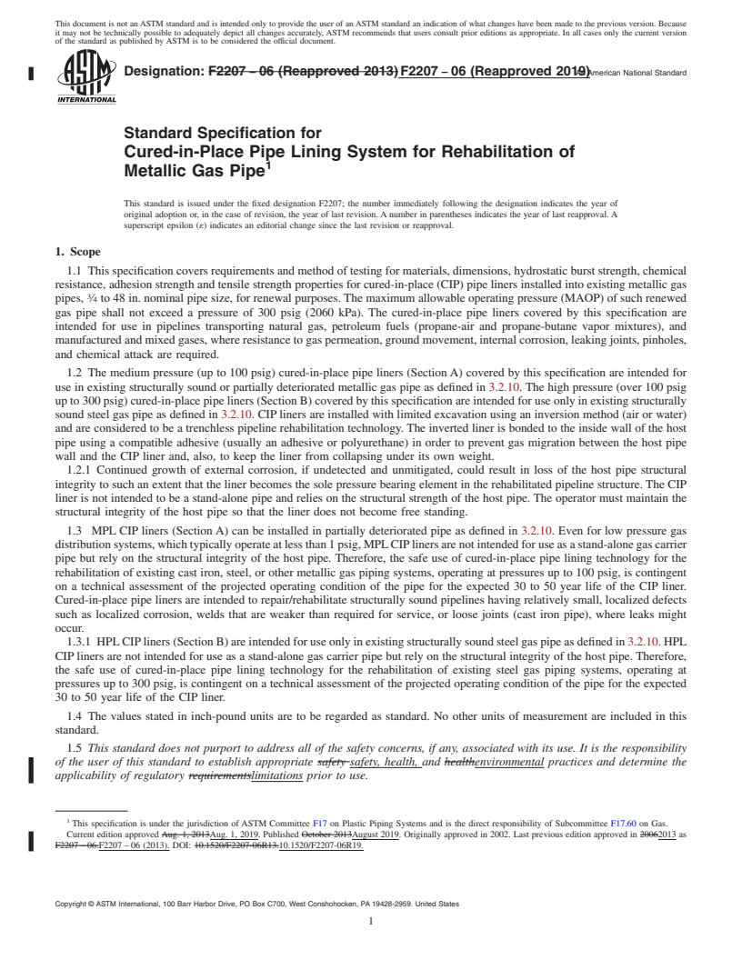 REDLINE ASTM F2207-06(2019) - Standard Specification for Cured-in-Place Pipe Lining System for Rehabilitation of Metallic   Gas Pipe