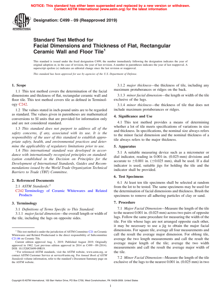 ASTM C499-09(2019) - Standard Test Method for  Facial Dimensions and Thickness of Flat, Rectangular Ceramic   Wall and Floor Tile