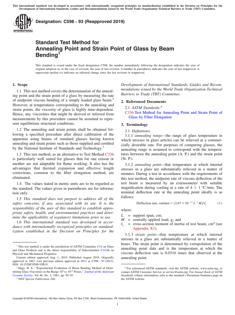 ASTM C598-93(2019) - Standard Test Method for  Annealing Point and Strain Point of Glass by Beam Bending