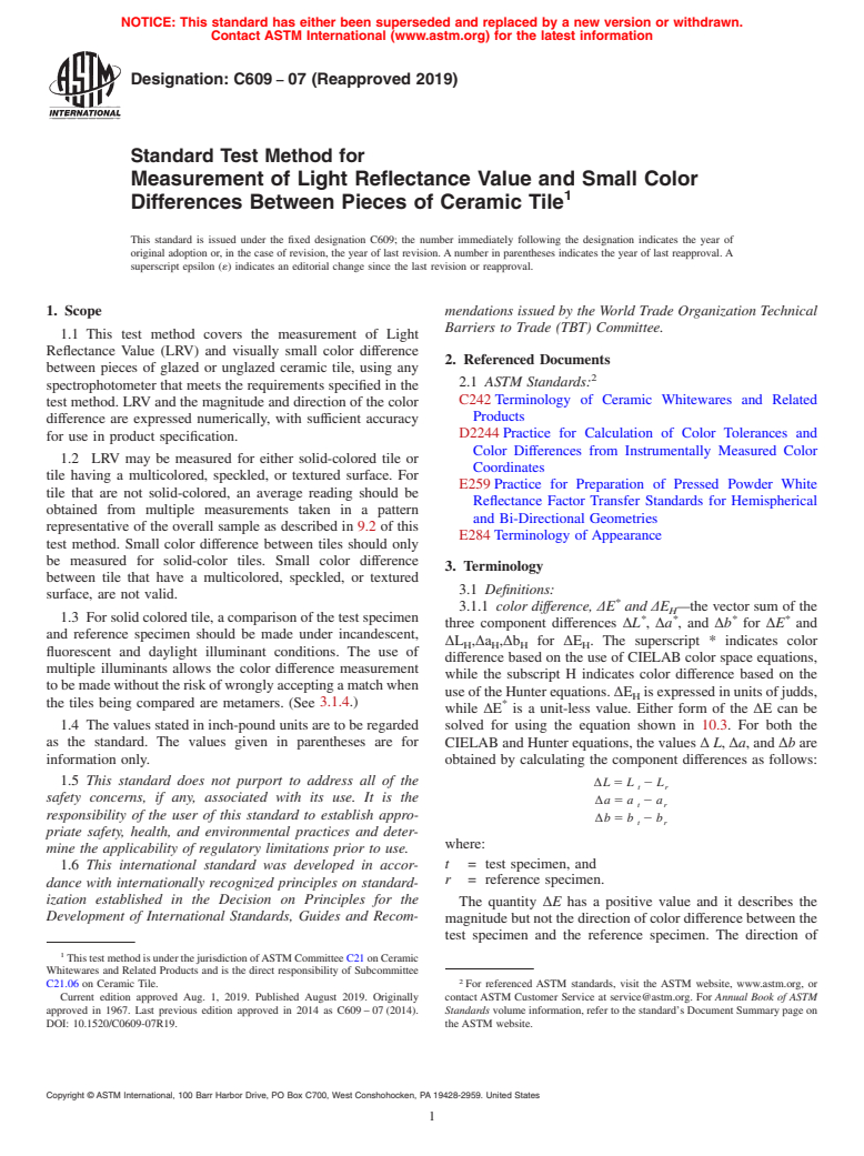 ASTM C609-07(2019) - Standard Test Method for  Measurement of Light Reflectance Value and Small Color Differences  Between Pieces of Ceramic Tile