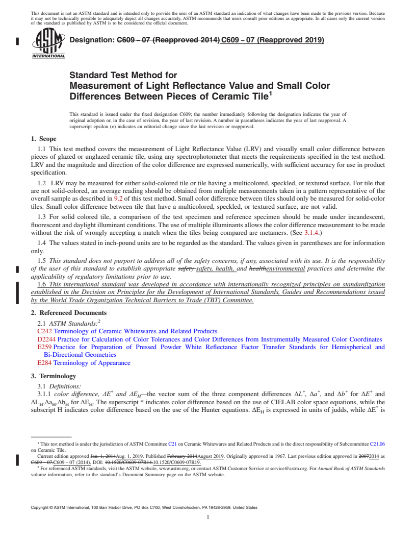 REDLINE ASTM C609-07(2019) - Standard Test Method for  Measurement of Light Reflectance Value and Small Color Differences  Between Pieces of Ceramic Tile