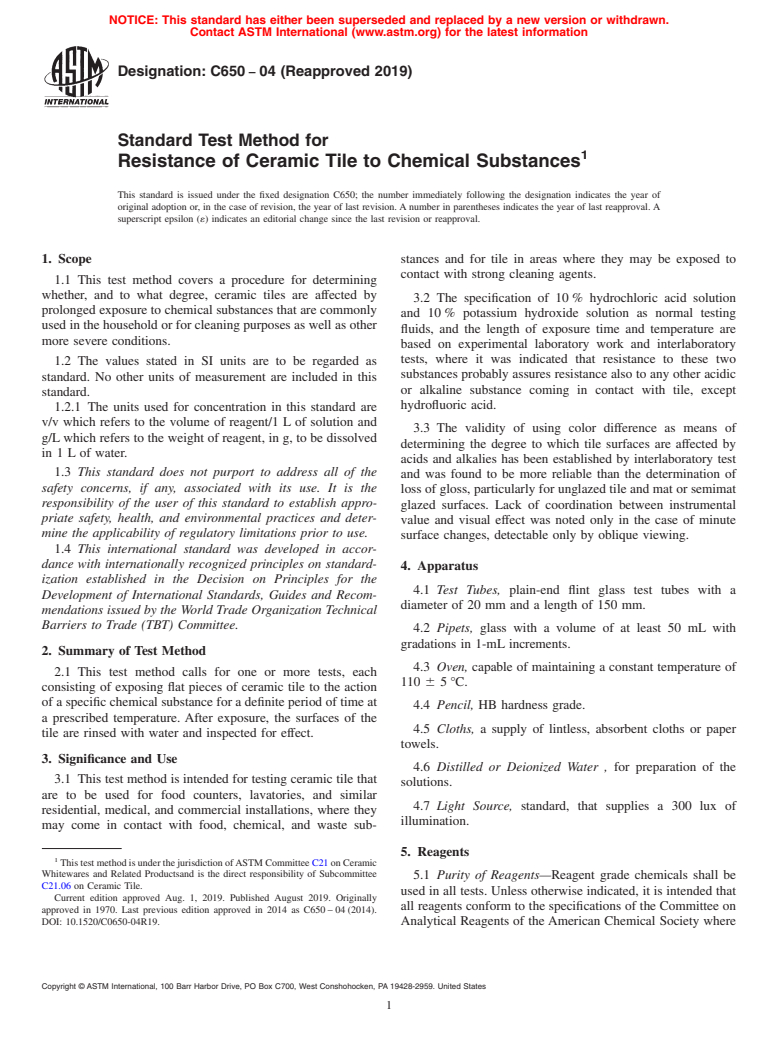 ASTM C650-04(2019) - Standard Test Method for  Resistance of Ceramic Tile to Chemical Substances