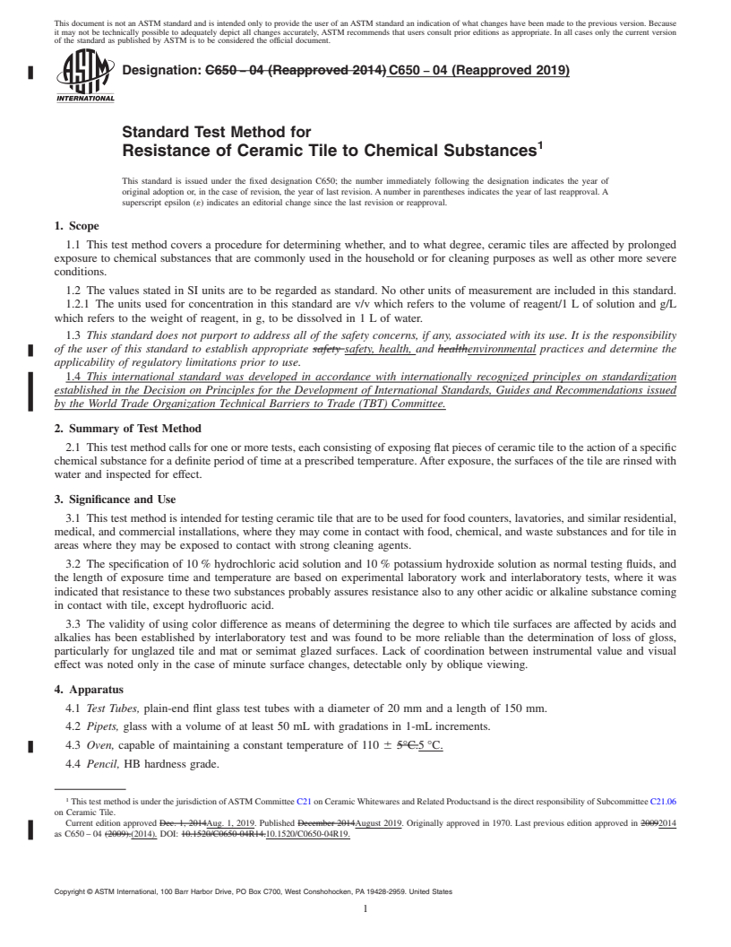 REDLINE ASTM C650-04(2019) - Standard Test Method for  Resistance of Ceramic Tile to Chemical Substances