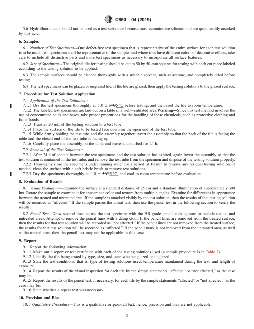 REDLINE ASTM C650-04(2019) - Standard Test Method for  Resistance of Ceramic Tile to Chemical Substances