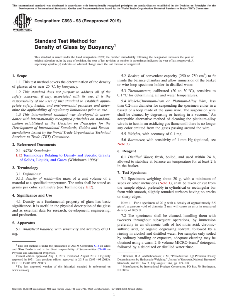 ASTM C693-93(2019) - Standard Test Method for  Density of Glass by Buoyancy