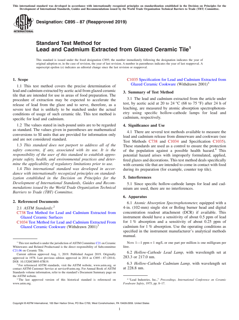 ASTM C895-87(2019) - Standard Test Method for  Lead and Cadmium Extracted from Glazed Ceramic Tile