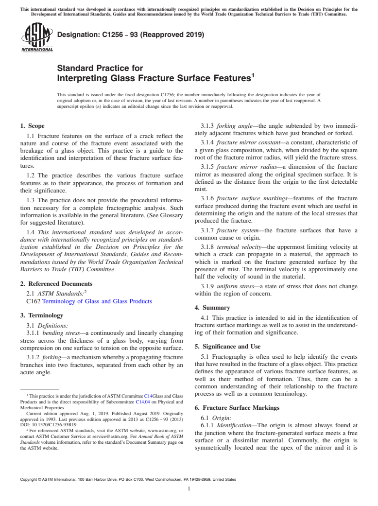 ASTM C1256-93(2019) - Standard Practice for  Interpreting Glass Fracture Surface Features