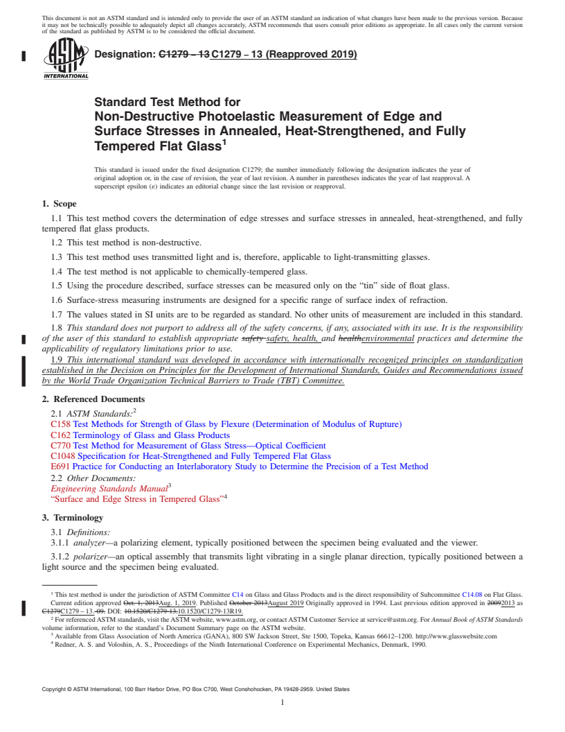 REDLINE ASTM C1279-13(2019) - Standard Test Method for  Non-Destructive Photoelastic Measurement of Edge and Surface   Stresses in Annealed, Heat-Strengthened, and Fully Tempered Flat  Glass