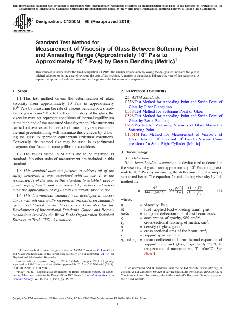 ASTM C1350M-96(2019) - Standard Test Method for  Measurement of Viscosity of Glass Between Softening Point and  Annealing Range (Approximately 10<sup>8</sup> Pa&#xb7;s to Approximately  10<sup>13</sup> Pa&#xb7;s)  by Beam Bending (Metric)