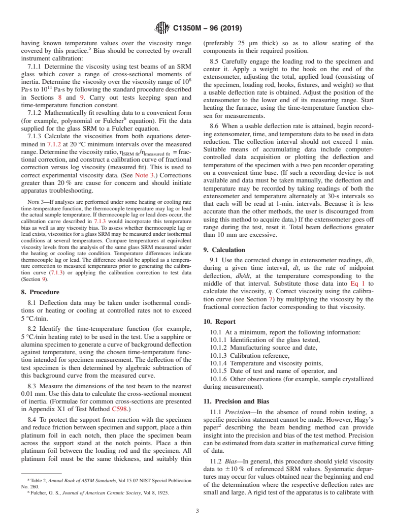 ASTM C1350M-96(2019) - Standard Test Method for  Measurement of Viscosity of Glass Between Softening Point and  Annealing Range (Approximately 10<sup>8</sup> Pa&#xb7;s to Approximately  10<sup>13</sup> Pa&#xb7;s)  by Beam Bending (Metric)