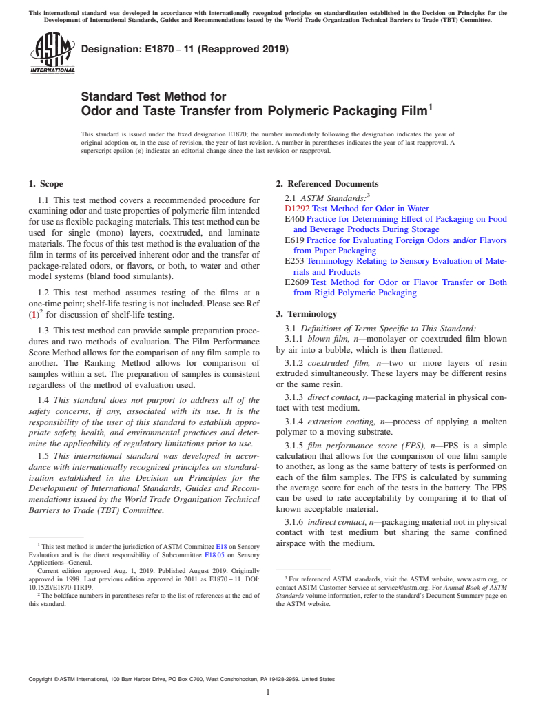 ASTM E1870-11(2019) - Standard Test Method for  Odor and Taste Transfer from Polymeric Packaging Film