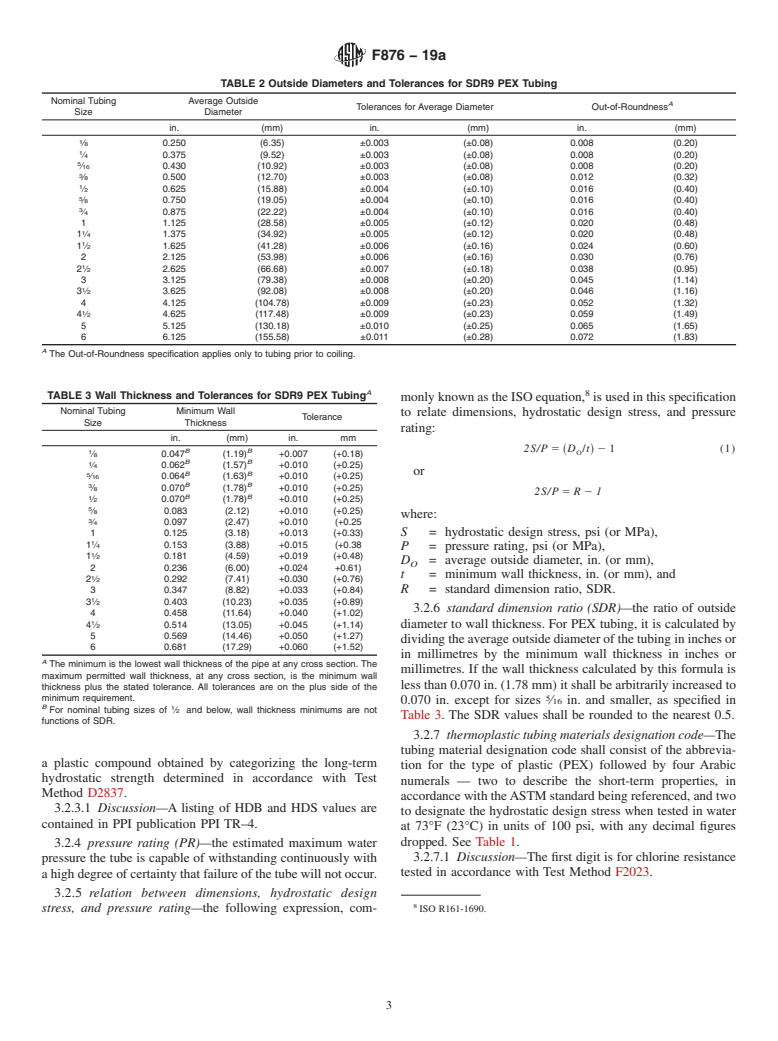 ASTM F876-19a - Standard Specification for  Crosslinked Polyethylene (PEX) Tubing