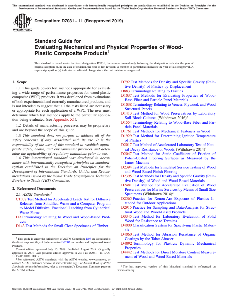 ASTM D7031-11(2019) - Standard Guide for Evaluating Mechanical and Physical Properties of Wood-Plastic   Composite Products