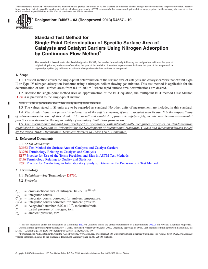 REDLINE ASTM D4567-19 - Standard Test Method for Single-Point Determination of Specific Surface Area of Catalysts  and Catalyst Carriers Using Nitrogen Adsorption by Continuous Flow  Method