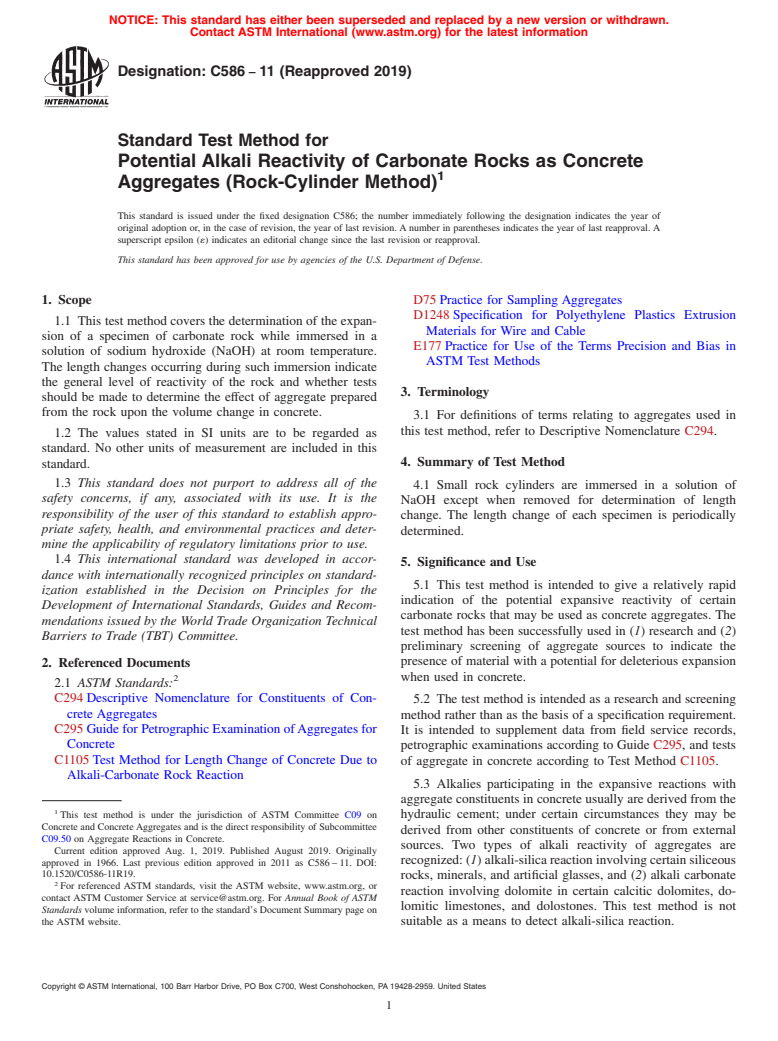 ASTM C586-11(2019) - Standard Test Method for  Potential Alkali Reactivity of Carbonate Rocks as Concrete  Aggregates (Rock-Cylinder Method)