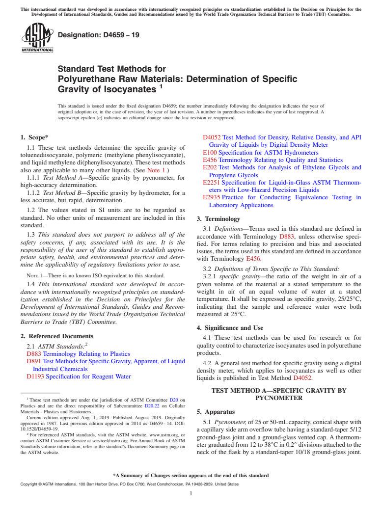 ASTM D4659-19 - Standard Test Methods for  Polyurethane Raw Materials: Determination of Specific Gravity  of Isocyanates