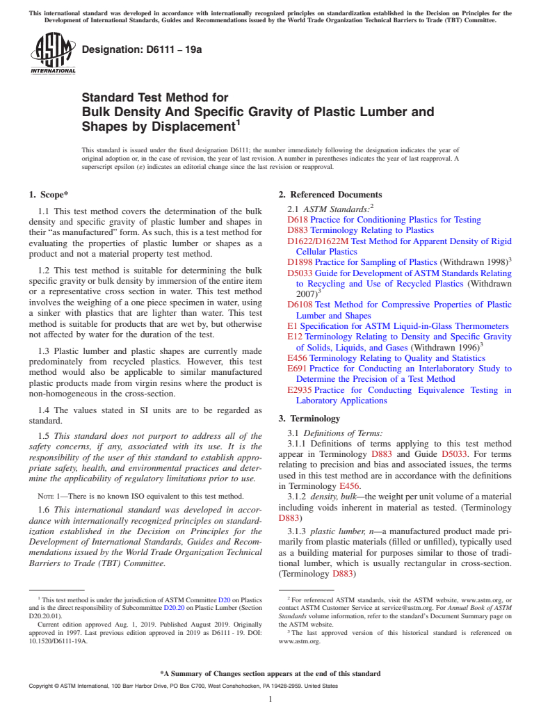ASTM D6111-19a - Standard Test Method for Bulk Density And Specific Gravity of Plastic Lumber and Shapes  by Displacement