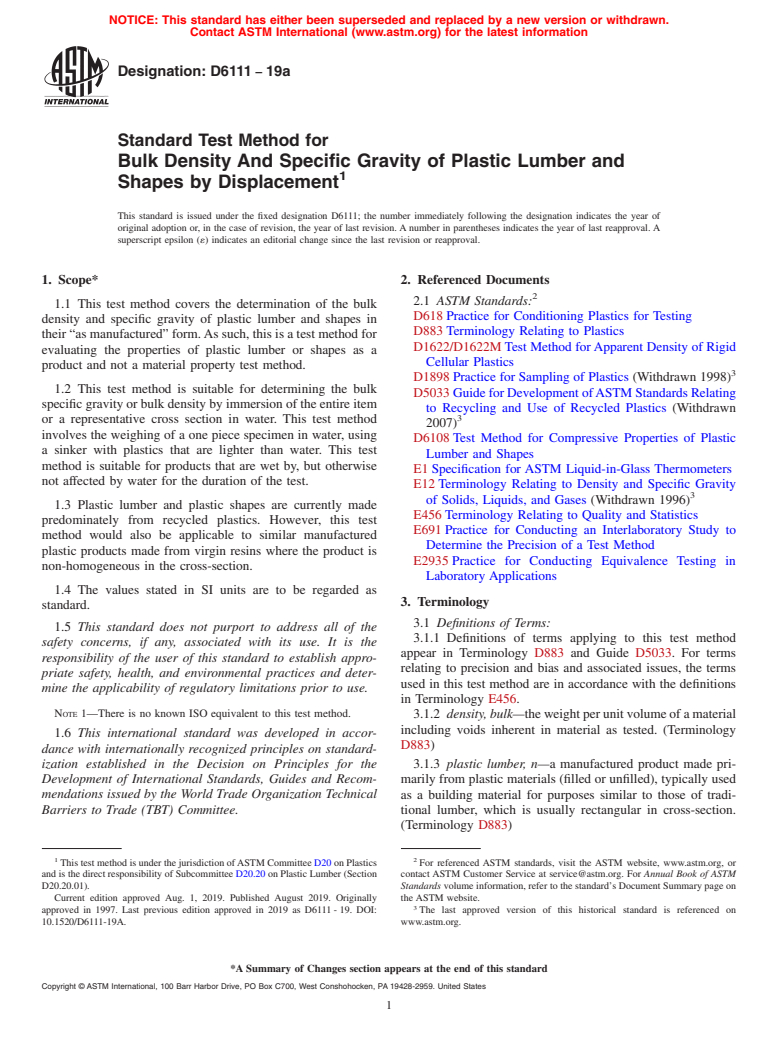 ASTM D6111-19a - Standard Test Method for Bulk Density And Specific Gravity of Plastic Lumber and Shapes  by Displacement