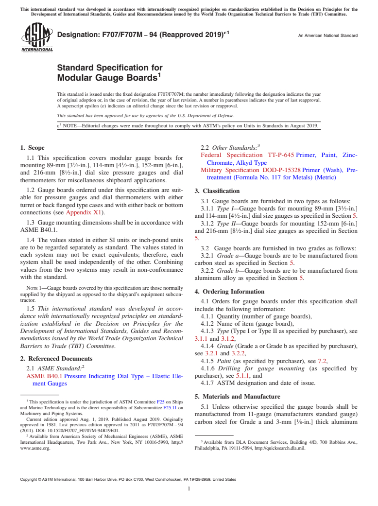 ASTM F707/F707M-94(2019)e1 - Standard Specification for  Modular Gauge Boards