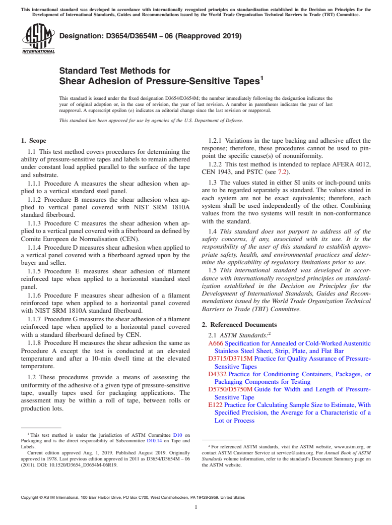 ASTM D3654/D3654M-06(2019) - Standard Test Methods for Shear Adhesion of Pressure-Sensitive Tapes