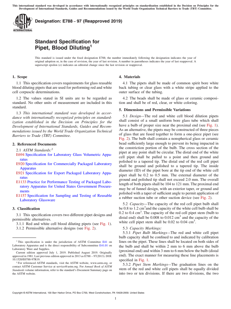 ASTM E788-97(2019) - Standard Specification for  Pipet, Blood Diluting