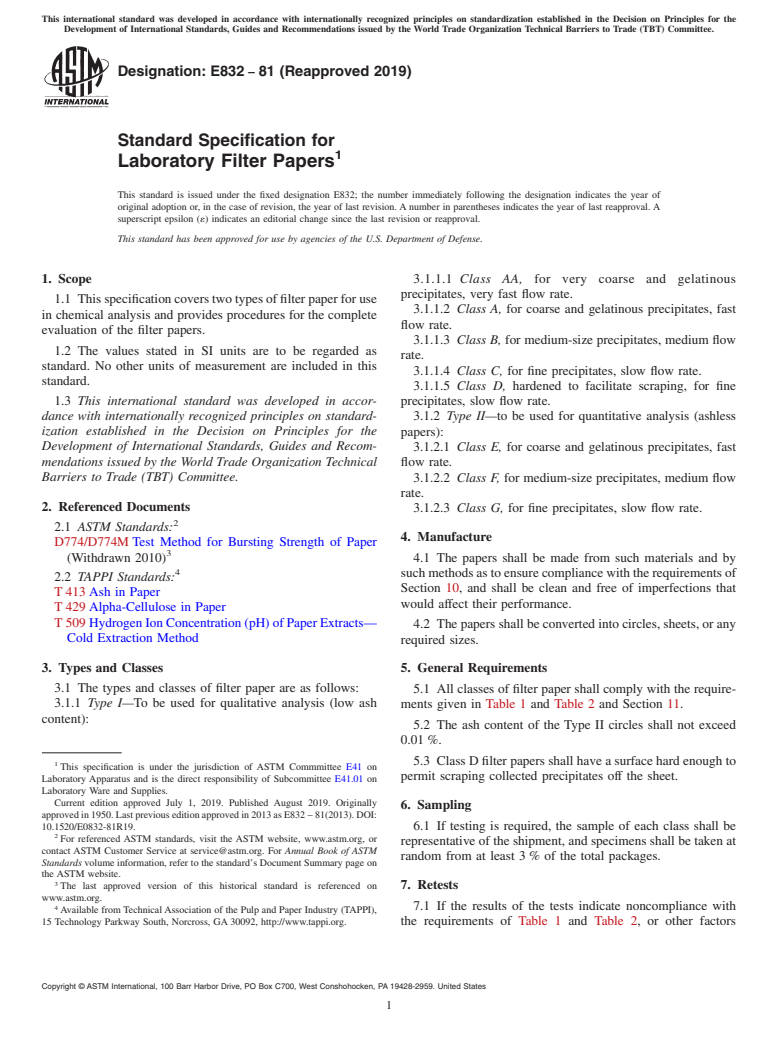 ASTM E832-81(2019) - Standard Specification for  Laboratory Filter Papers