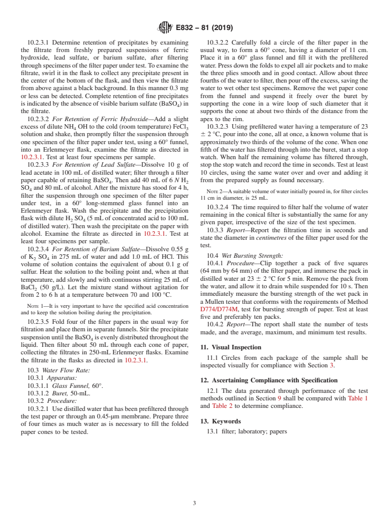 ASTM E832-81(2019) - Standard Specification for  Laboratory Filter Papers