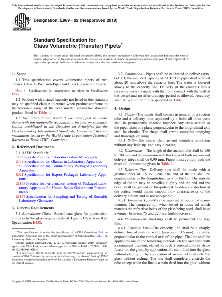 ASTM E969-02(2019) - Standard Specification for  Glass Volumetric (Transfer) Pipets